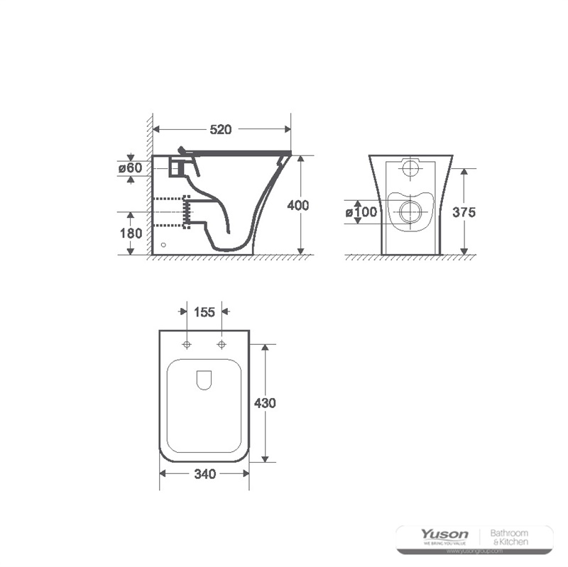 YS22291F Samostatně stojící keramická toaleta, Rimless, splachovací toaleta P-trap;