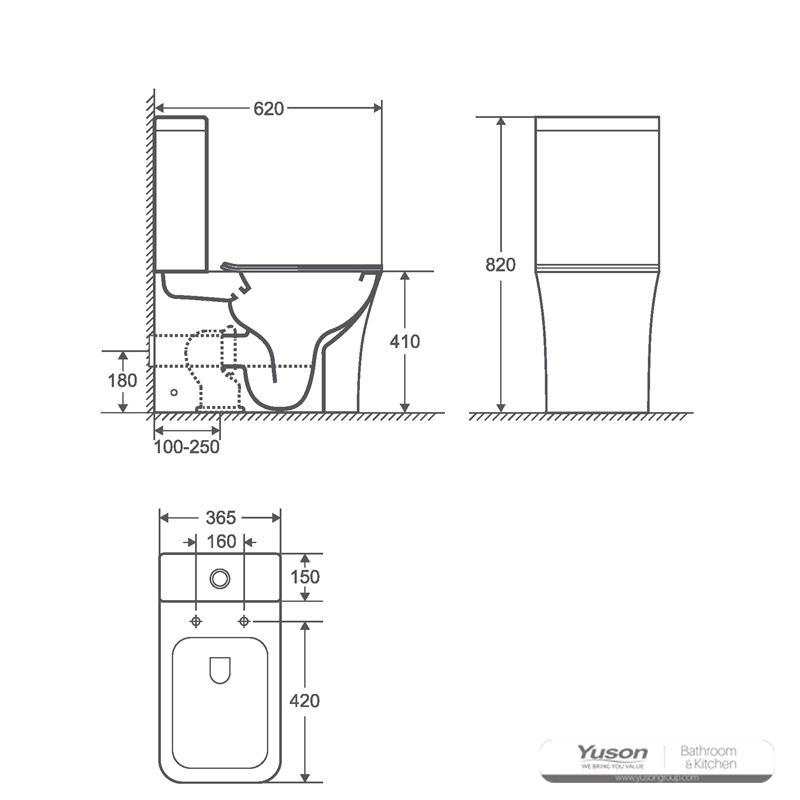 YS22291P2 2-dílný Rimless keramický klozet, splachovací záchod P-trap;