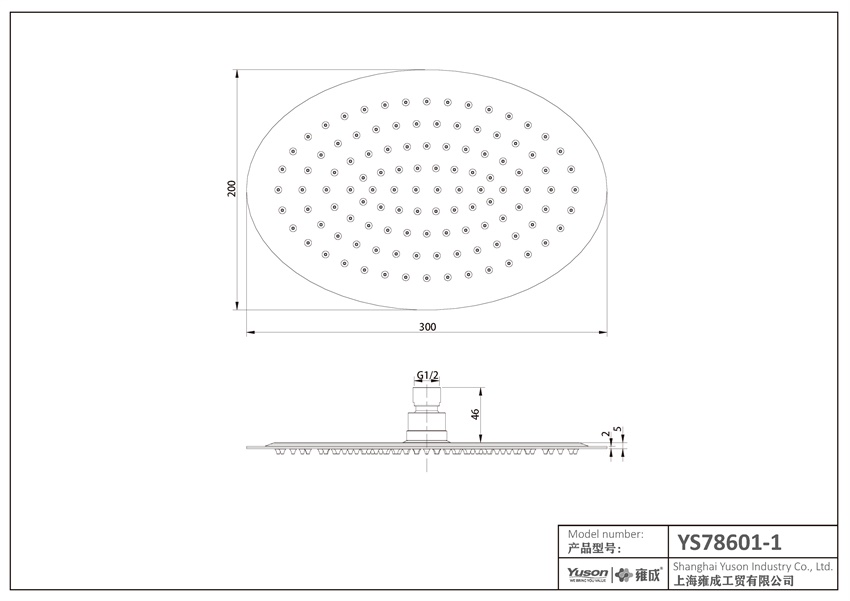 YS78601-1 SUS304 ultratenká 2mm sprchová hlavice, dešťová sprchová hlavice;